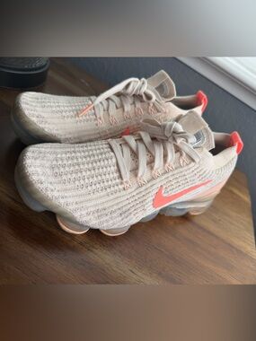 Nike Women’s Flyknit Sneakers — Cream with Coral Swoosh